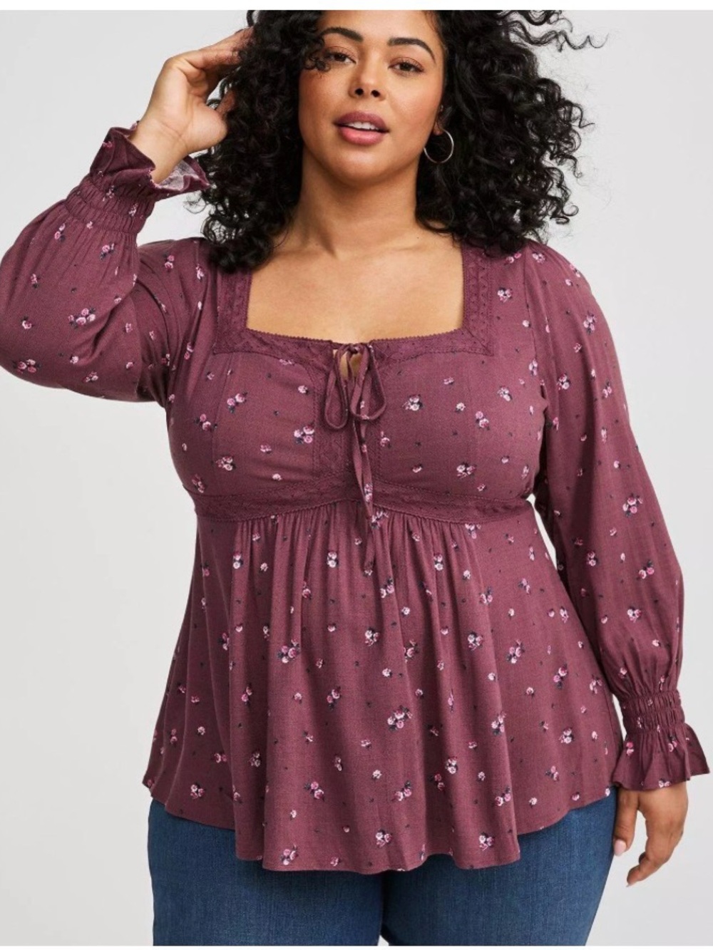 Torrid Square-Neck Long Sleeve Peasant Top - Plum Floral 2X